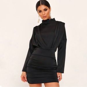 NWT I SAW IT FIRST Black High Neck Ruched Back Satin Mini Classy Party Dress S